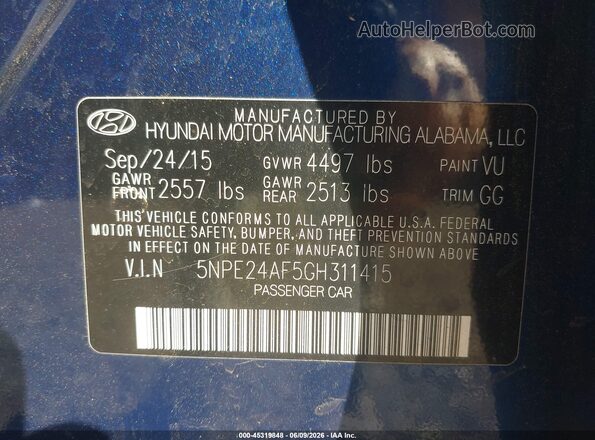 5NPE24AF5GH311415 2016 HYUNDAI SONATA Blue Вид підкапотного простору