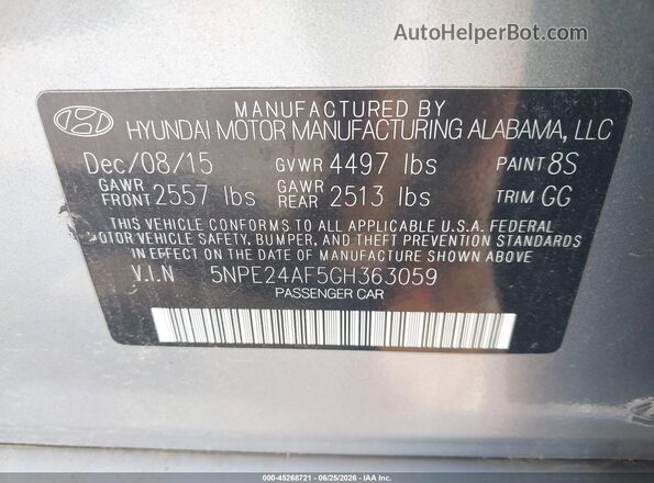 5NPE24AF5GH363059 2016 HYUNDAI SONATA Light Blue Вид подкапотного пространства