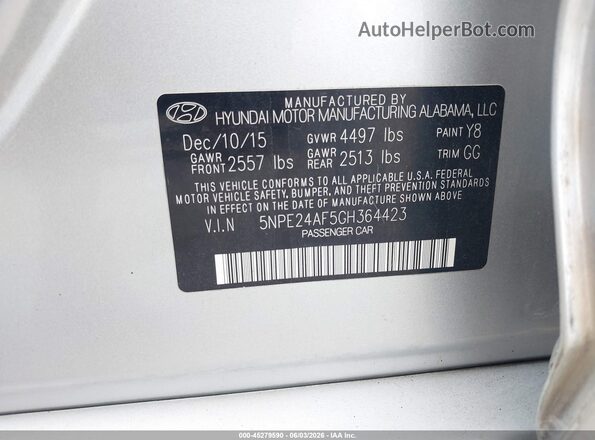 5NPE24AF5GH364423 2016 HYUNDAI SONATA Серебряный Вид подкапотного пространства