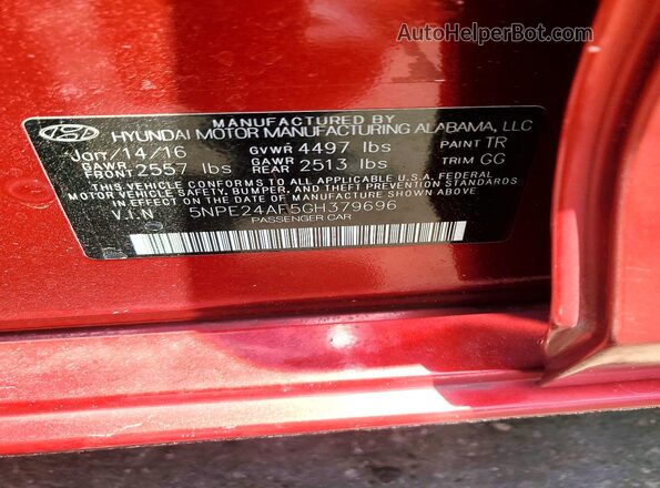 5NPE24AF5GH379696 2016 HYUNDAI SONATA Red 