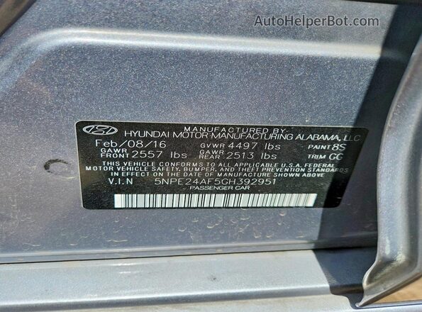 5NPE24AF5GH392951 2016 HYUNDAI SONATA Silver ძრავის განყოფილების ხედი