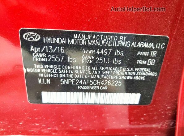 5NPE24AF5GH426225 2016 HYUNDAI SONATA Burgundy ძრავის განყოფილების ხედი