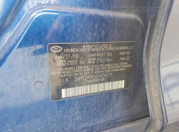 5NPE24AF5GH434731 2016 HYUNDAI SONATA Blue ძრავის განყოფილების ხედი