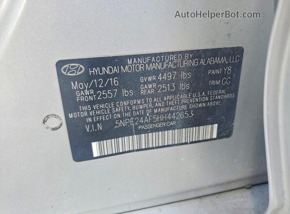 5NPE24AF5HH442653 2017 HYUNDAI SONATA Silver ძრავის განყოფილების ხედი