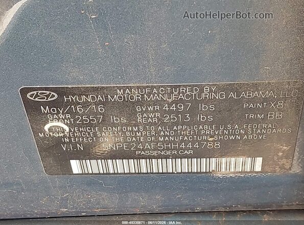 5NPE24AF5HH444788 2017 HYUNDAI SONATA Light Blue Շարժիչի բաժամունքի տեսք