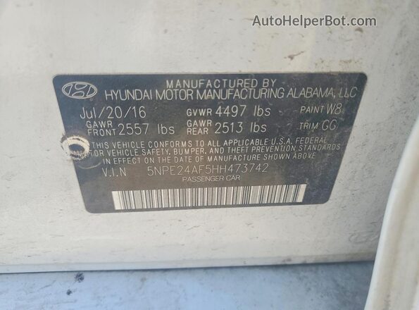 5NPE24AF5HH473742 2017 HYUNDAI SONATA White Widok komory silnika