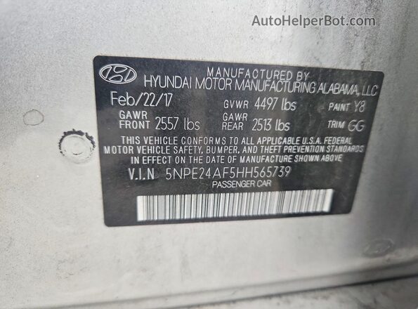 5NPE24AF5HH565739 2017 HYUNDAI SONATA Silver Շարժիչի բաժամունքի տեսք