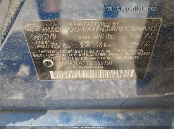5NPE24AF5JH655950 2018 HYUNDAI SONATA Blue Vista del compartimento del motor