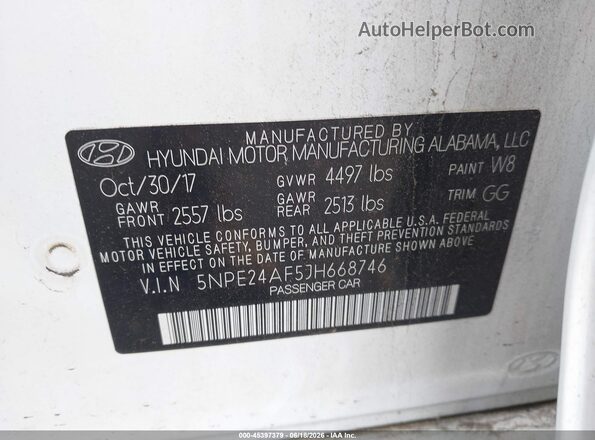 5NPE24AF5JH668746 2018 HYUNDAI SONATA White Engine compartment view