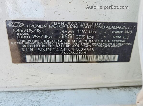 5NPE24AF5JH696515 2018 HYUNDAI SONATA White ძრავის განყოფილების ხედი