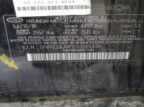 5NPE24AF5JH725320 2018 HYUNDAI SONATA Black Вид підкапотного простору