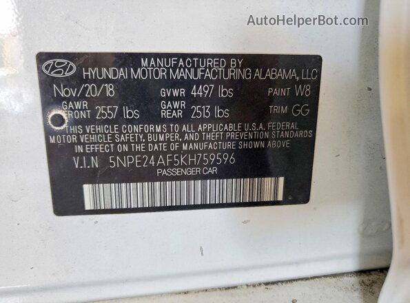 5NPE24AF5KH759596 2019 HYUNDAI SONATA White Engine compartment view