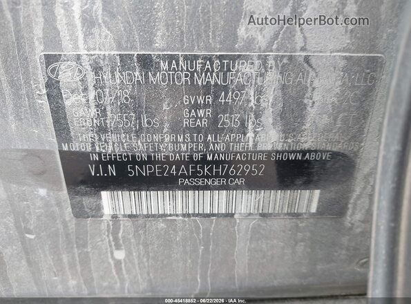 5NPE24AF5KH762952 2019 HYUNDAI SONATA Gray ძრავის განყოფილების ხედი