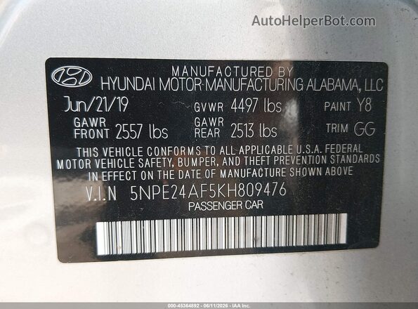 5NPE24AF5KH809476 2019 HYUNDAI SONATA Silver Engine compartment view