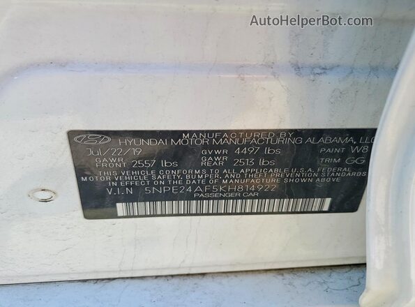 5NPE24AF5KH814922 2019 HYUNDAI SONATA White ძრავის განყოფილების ხედი