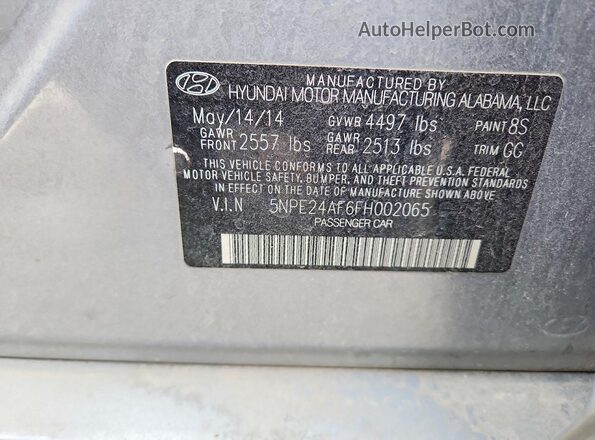 5NPE24AF6FH002065 2016 HYUNDAI SONATA Silver 
