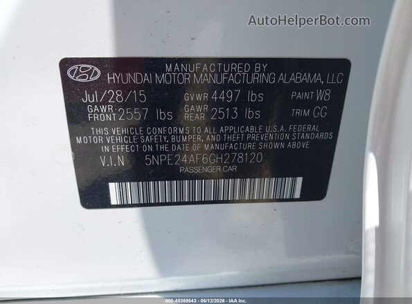 5NPE24AF6GH278120 2016 HYUNDAI SONATA White Вид підкапотного простору