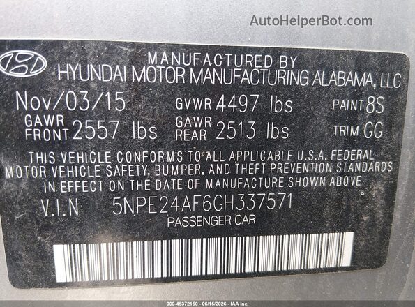 5NPE24AF6GH337571 2016 HYUNDAI SONATA Silver Engine compartment view