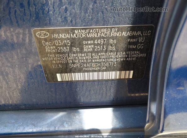 5NPE24AF6GH358713 2016 HYUNDAI SONATA Blue 