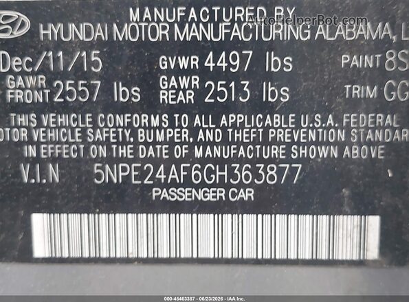 5NPE24AF6GH363877 2016 HYUNDAI SONATA Light Blue Vista del compartimento del motor
