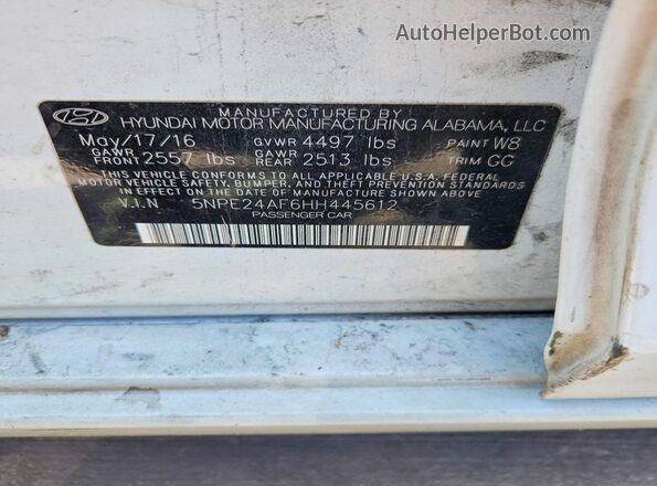 5NPE24AF6HH445612 2017 HYUNDAI SONATA White 