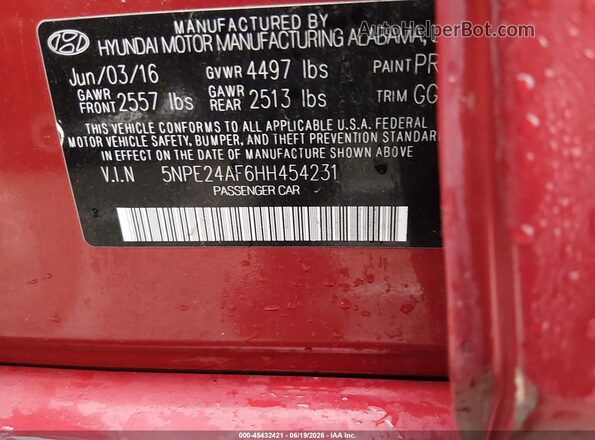 5NPE24AF6HH454231 2017 HYUNDAI SONATA Red Вид підкапотного простору