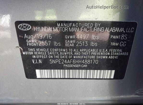 5NPE24AF6HH488170 2017 HYUNDAI SONATA Silver Շարժիչի բաժամունքի տեսք