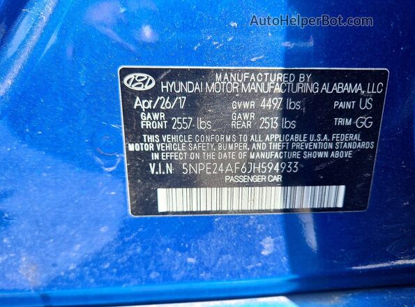 5NPE24AF6JH594933 2018 HYUNDAI SONATA Blue Вид наклейки з VIN-кодом