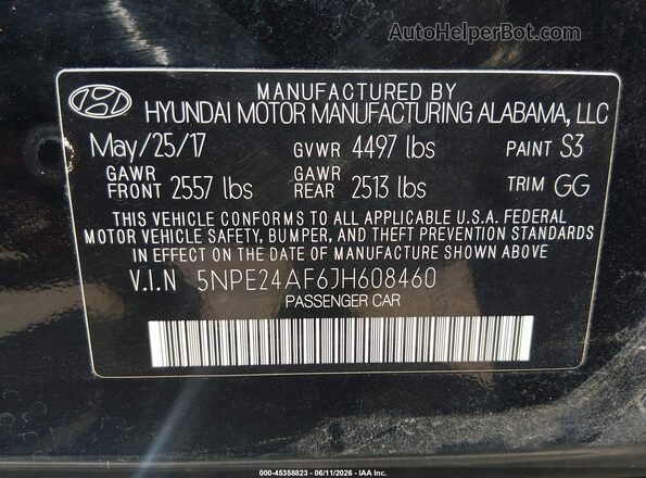 5NPE24AF6JH608460 2018 HYUNDAI SONATA Black Вид підкапотного простору