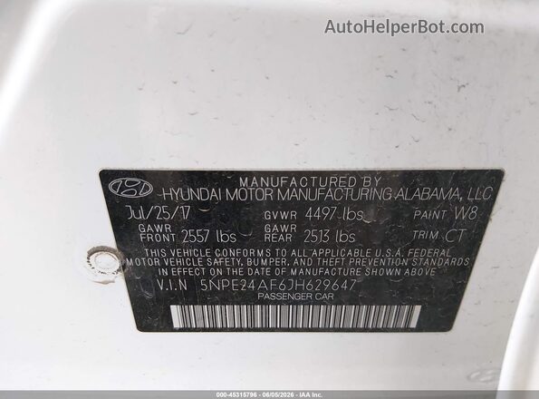 5NPE24AF6JH629647 2018 HYUNDAI SONATA White Vista del compartimento del motor