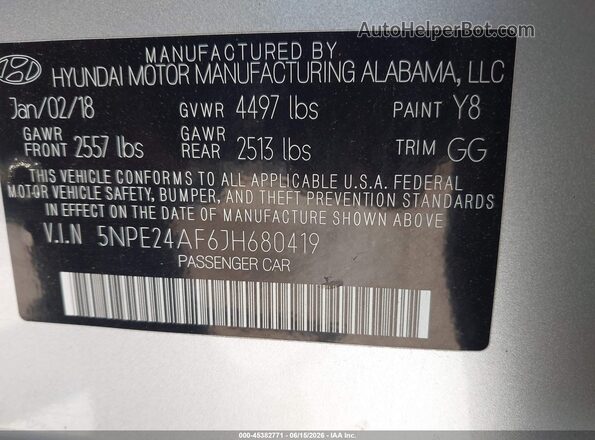 5NPE24AF6JH680419 2018 HYUNDAI SONATA Silver Engine compartment view