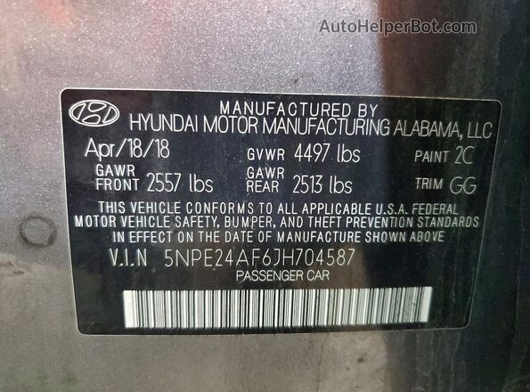 5NPE24AF6JH704587 2018 HYUNDAI SONATA Gray 
