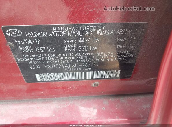 5NPE24AF6KH767190 2019 HYUNDAI SONATA Red Vista del compartimento del motor