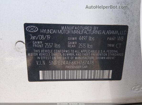5NPE24AF6KH767478 2019 HYUNDAI SONATA White 