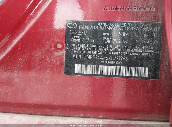5NPE24AF6KH771966 2019 HYUNDAI SONATA Red Շարժիչի բաժամունքի տեսք