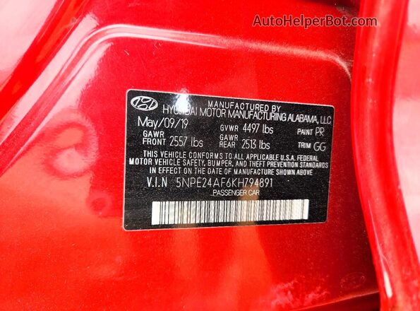 5NPE24AF6KH794891 2019 HYUNDAI SONATA Red 