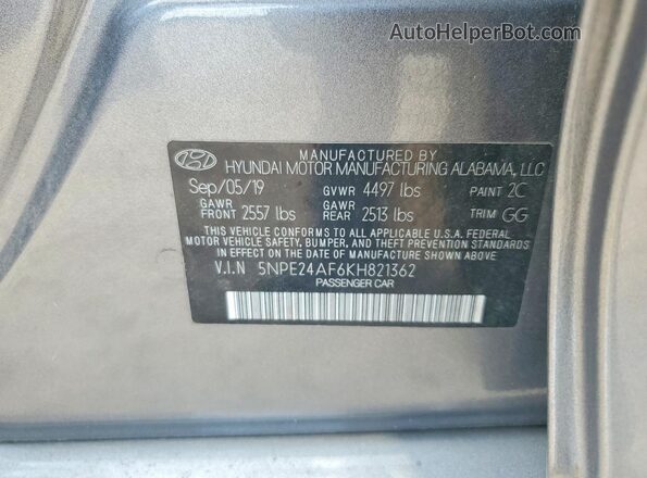 5NPE24AF6KH821362 2019 HYUNDAI SONATA Gray 