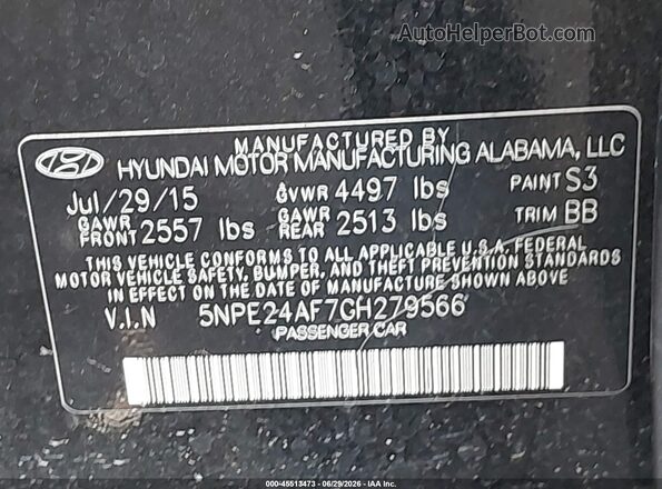 5NPE24AF7GH279566 2016 HYUNDAI SONATA Black Vista del compartimento del motor