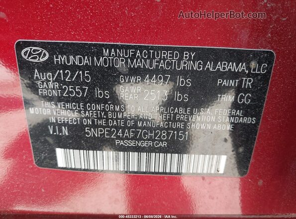 5NPE24AF7GH287151 2016 HYUNDAI SONATA Красный Вид подкапотного пространства