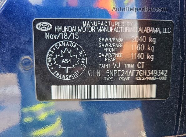 5NPE24AF7GH349342 2016 HYUNDAI SONATA Синий 