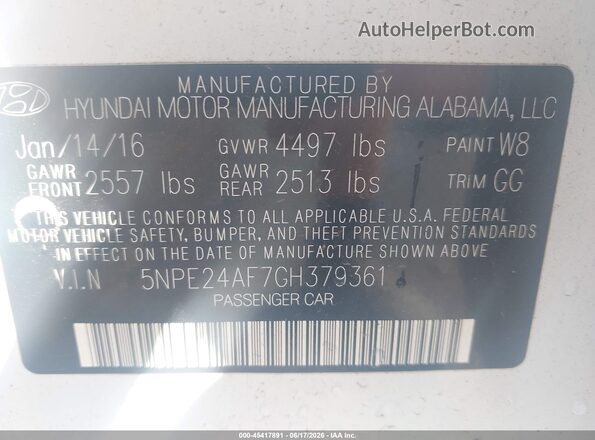 5NPE24AF7GH379361 2016 HYUNDAI SONATA White Շարժիչի բաժամունքի տեսք