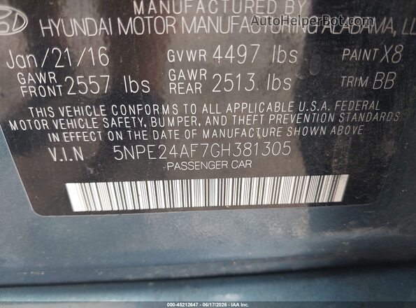 5NPE24AF7GH381305 2016 HYUNDAI SONATA Green ძრავის განყოფილების ხედი
