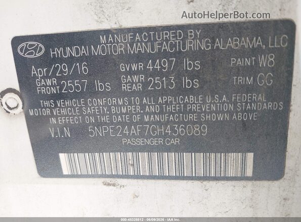 5NPE24AF7GH436089 2016 HYUNDAI SONATA White Widok komory silnika