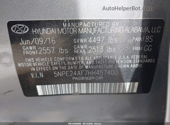 5NPE24AF7HH457400 2017 HYUNDAI SONATA Gray 