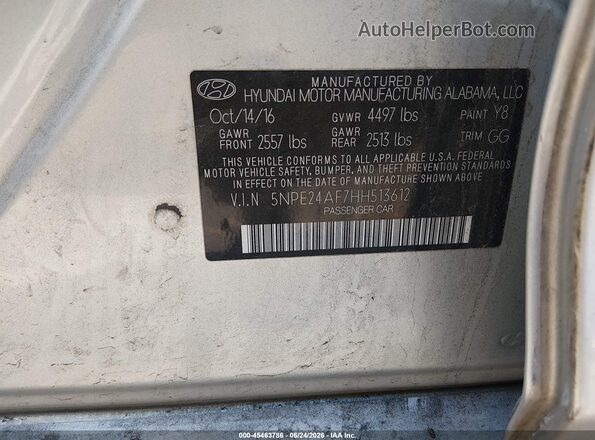 5NPE24AF7HH513612 2017 HYUNDAI SONATA Silver Շարժիչի բաժամունքի տեսք