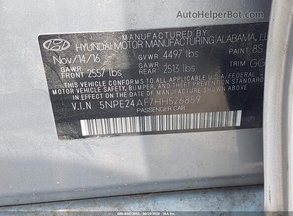 5NPE24AF7HH526859 2017 HYUNDAI SONATA Silver Вид підкапотного простору