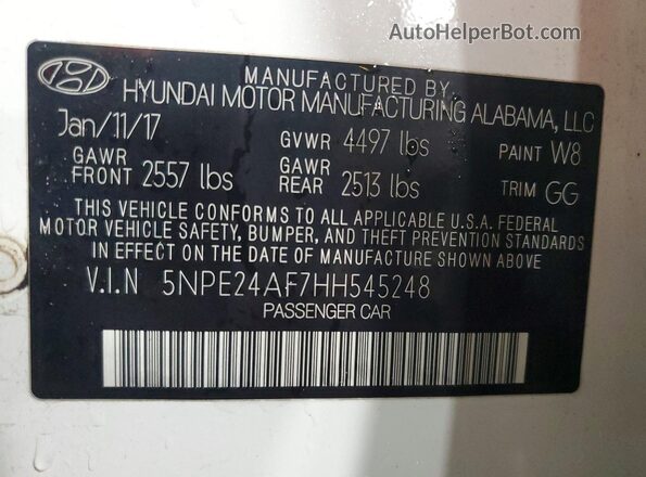 5NPE24AF7HH545248 2017 HYUNDAI SONATA White Vista del compartimento del motor