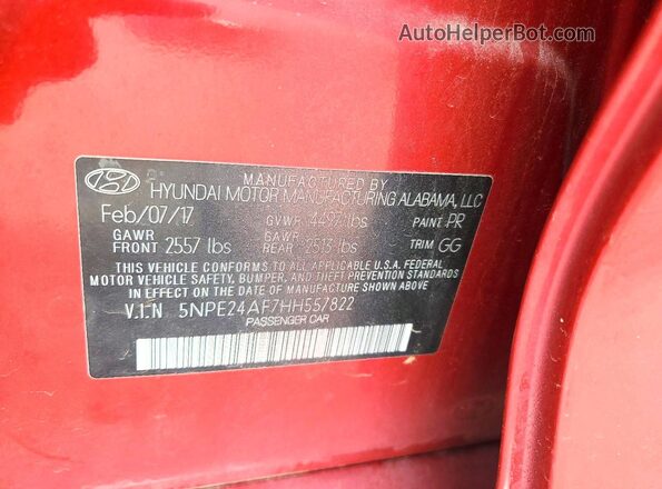 5NPE24AF7HH557822 2017 HYUNDAI SONATA Red ძრავის განყოფილების ხედი