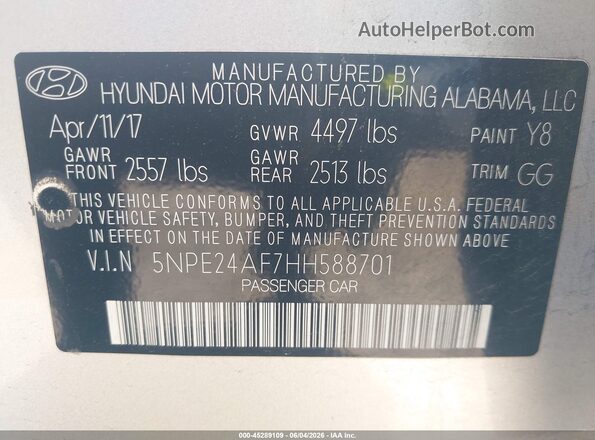 5NPE24AF7HH588701 2017 HYUNDAI SONATA Silver ძრავის განყოფილების ხედი