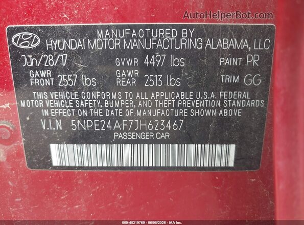 5NPE24AF7JH623467 2018 HYUNDAI SONATA Maroon 